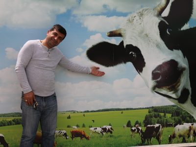 Georgian man smiling by artwork of cow